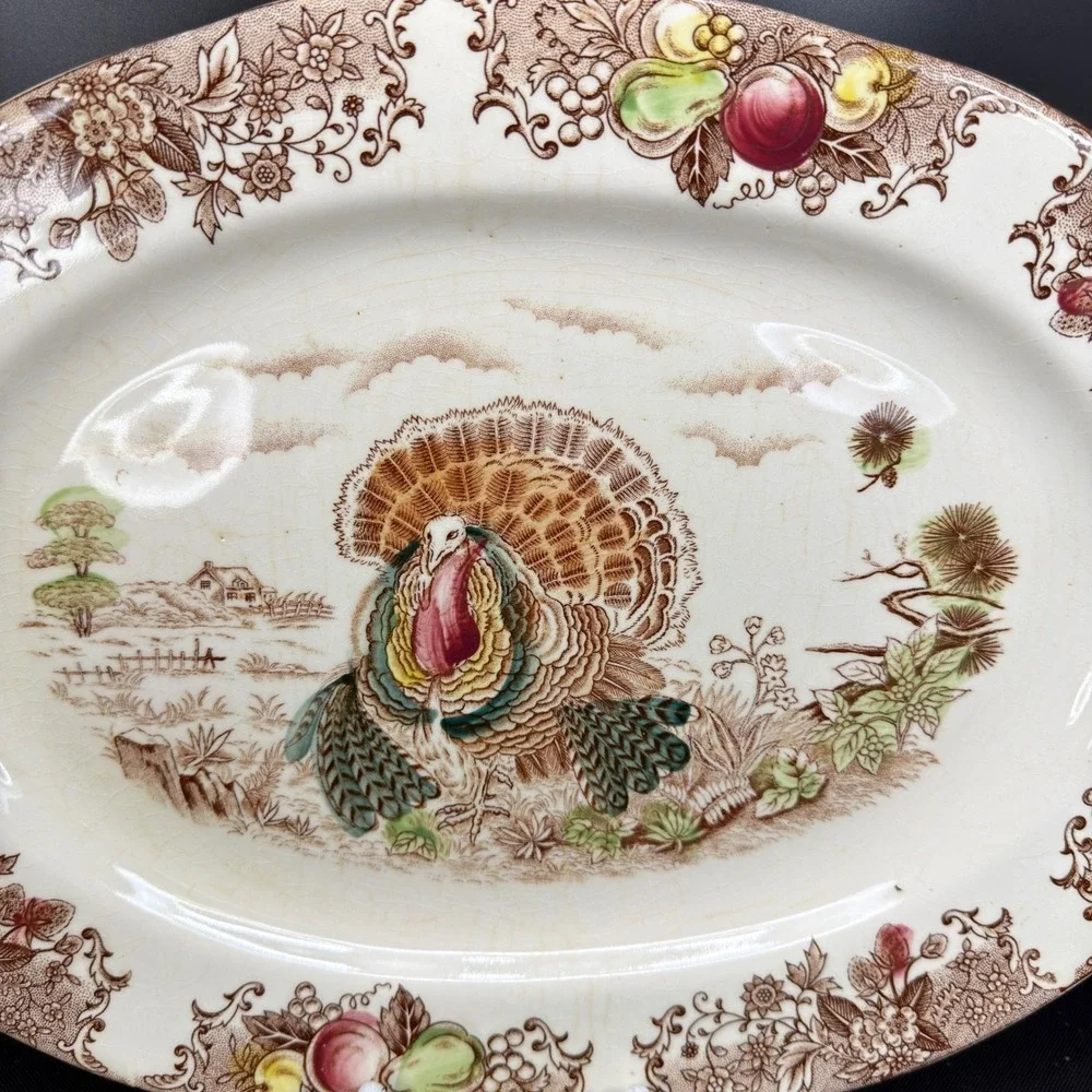 Vintage Fred Roberts‎ Co Turkey Platter Thanksgiving Serving Tray Japan 16 Inch